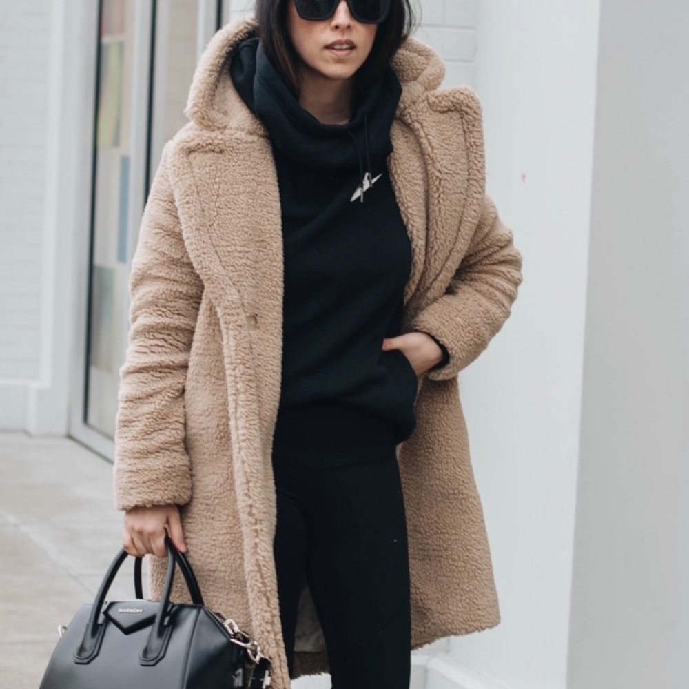 GAP teddy tan caramel coat lapel oversize collar size M peacoat sherpa